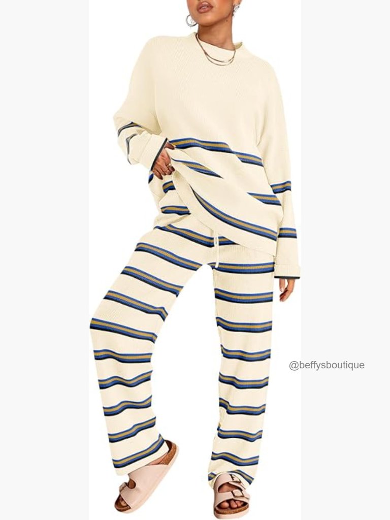 Medium Striped Knit Sweater Lounge Set, Batwing Sleeve, Lightweight Polyester